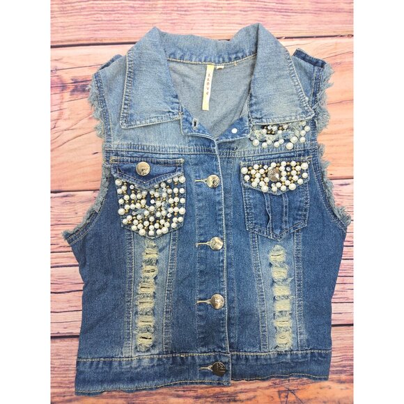 L Love Beaded-Distressed Blue Denim Vest Jacket Small - Pearl Embellished - Picture 4 of 7
